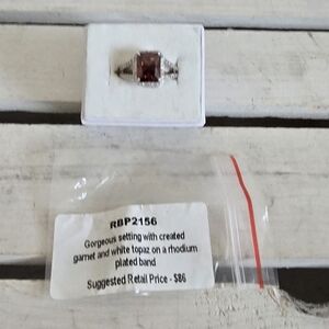 Created Garnet and white topaz rhodium plated band womens ring Sz 7 great gift